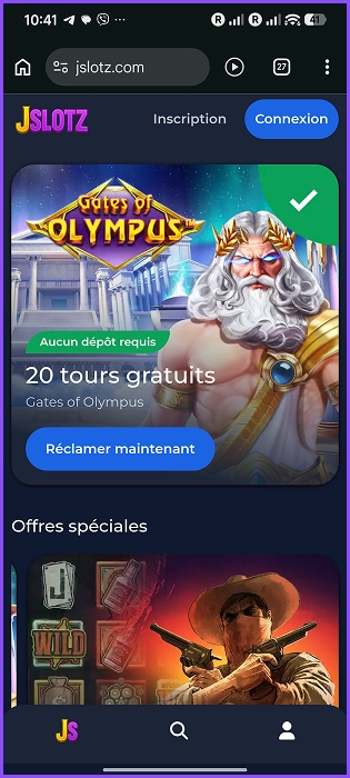 Bonus de bienvenue Jslotz avec 20 tours gratuits sur Gates of Olympus