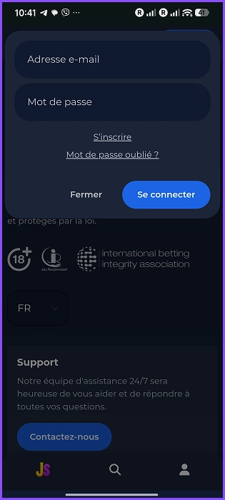 Fenêtre de connexion au compte Jslotz Casino