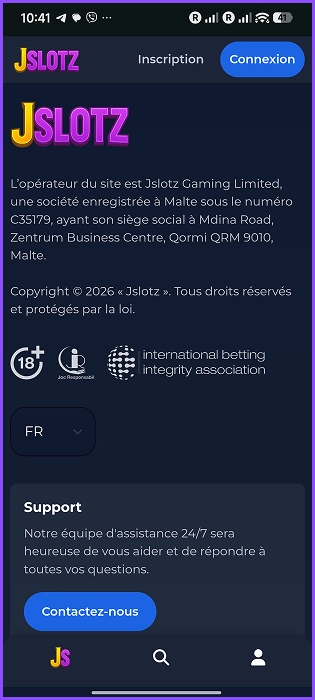 Support client et liens d'assistance sur Jslotz Casino